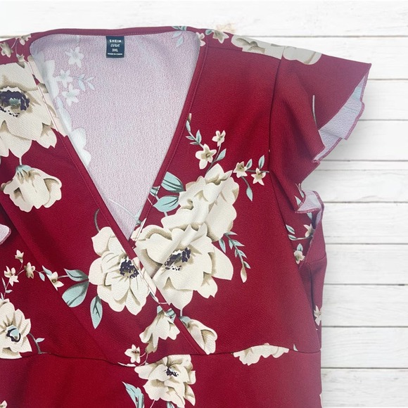Shein Curve 3XL Red Floral Dress Ruffle Short Sleeve - Picture 2 of 6